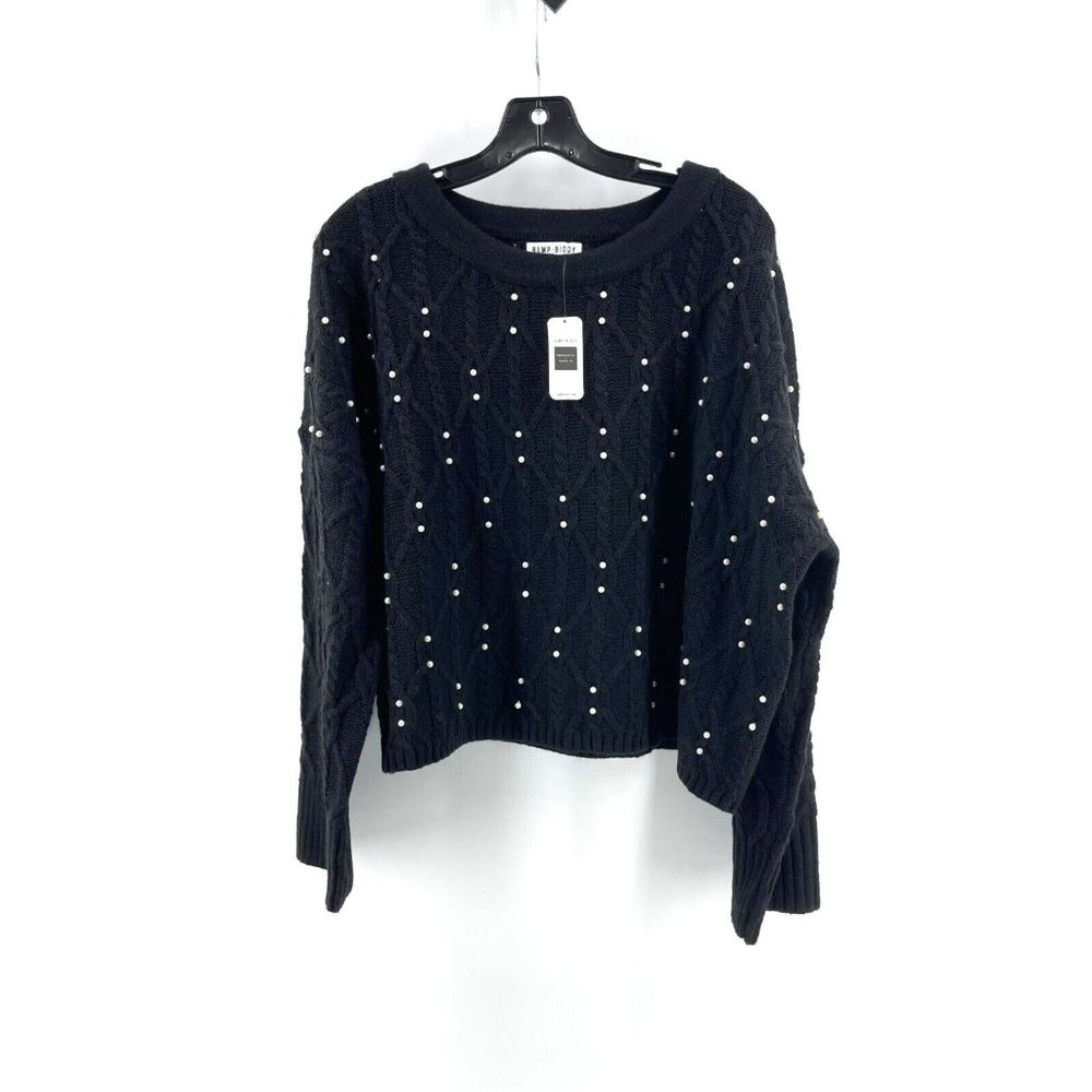 NWT Bump Biddy Women's Black Faux Pearl Knit Long Sleeve Crop Sweater Size L NEW